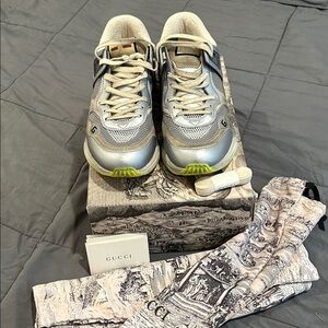Gucci Ultrapace Metallic Silver Sneakers with Lime Accents
